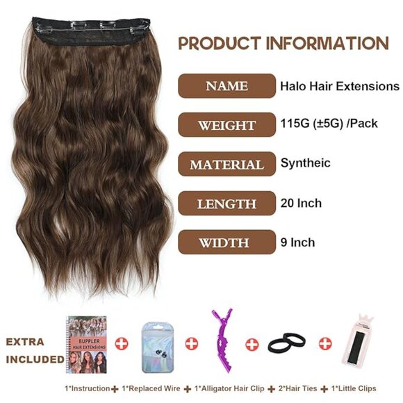 BUPPLER 20” Medium Brown Halo Hair Extensions Synthetic Clip-In Natural Waves - Picture 3 of 5